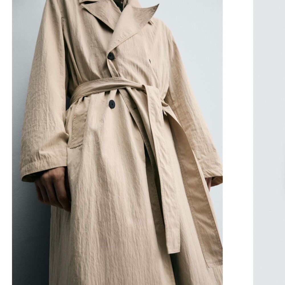 Zara Men's Oversized Fit Trench Coat Crinkle Tan Lightweight NWT S-M Size - Picture 10 of 14